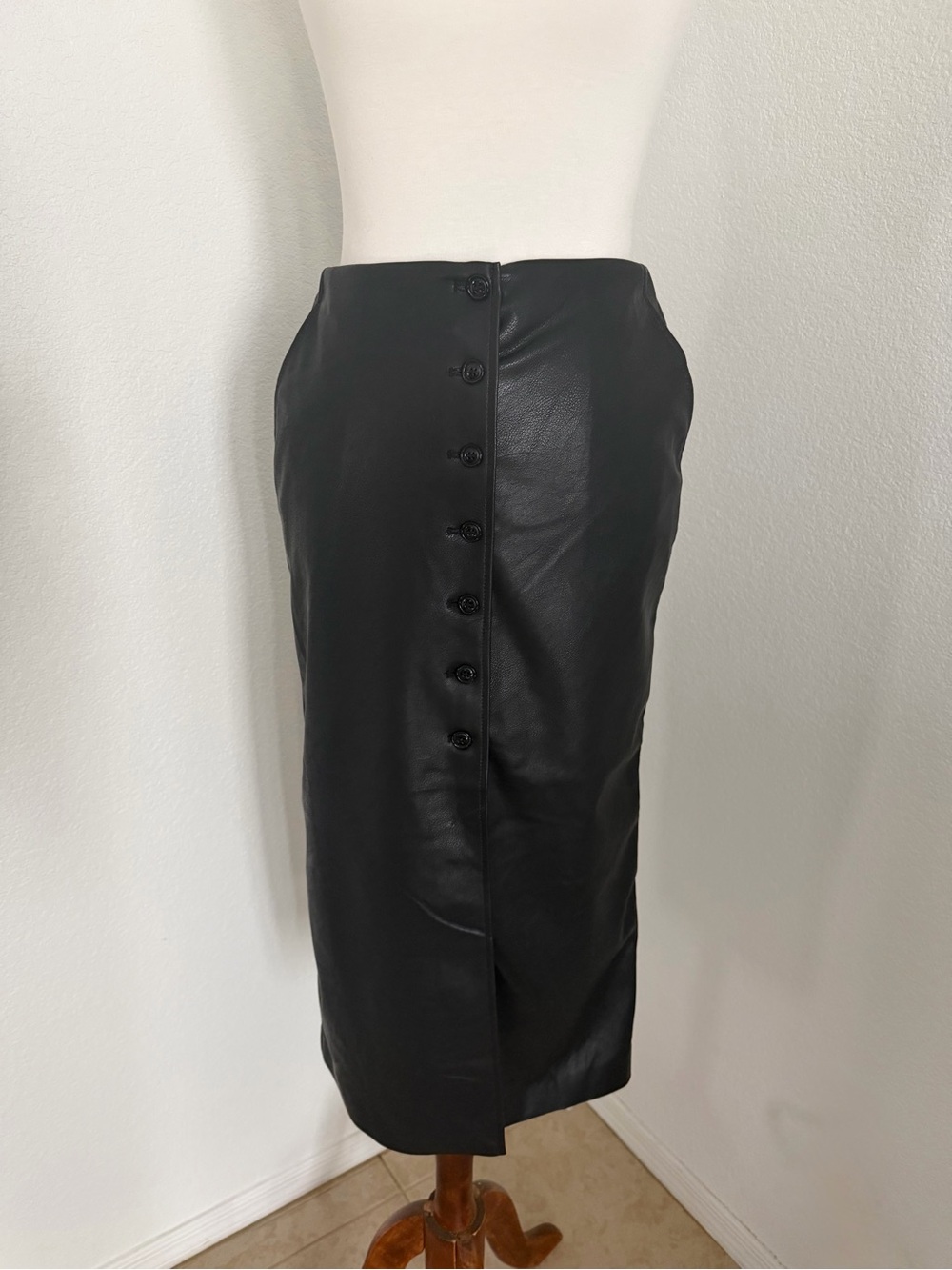 H&M Black Faux Leather Midi Skirt Wrap Button Detail Size 4